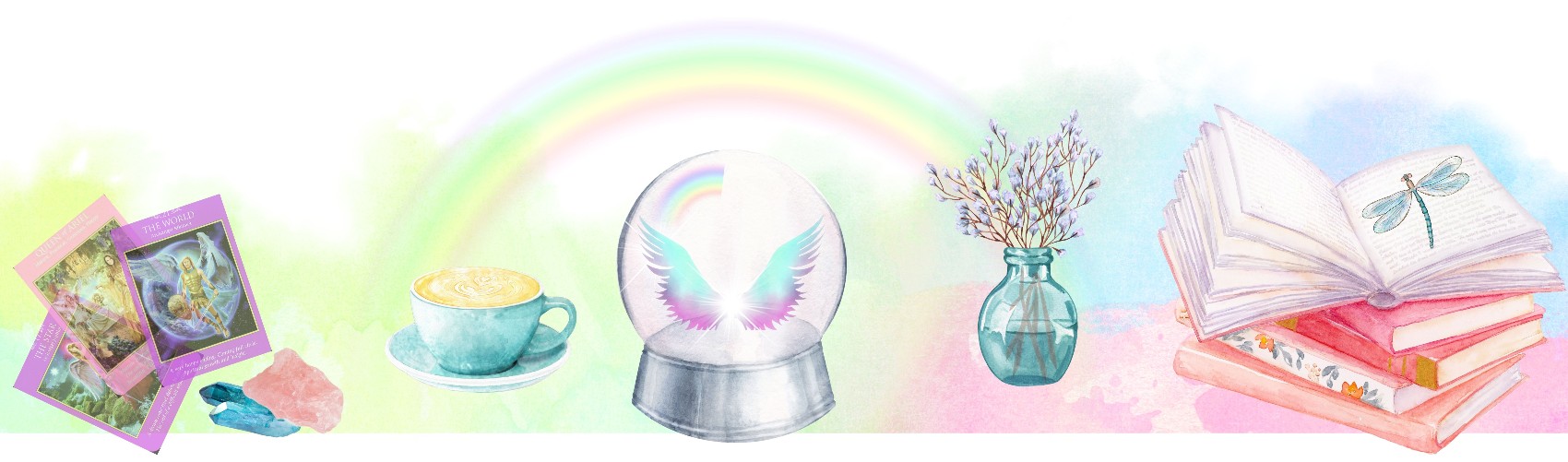 a crystal ball, angel wings, an overarching rainbow, tarot cards, a blue vase, flowers, books, and a blue cup of coffee
