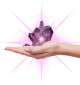 a hand reaches from nowhere holding out a sparkling amethyst crystal