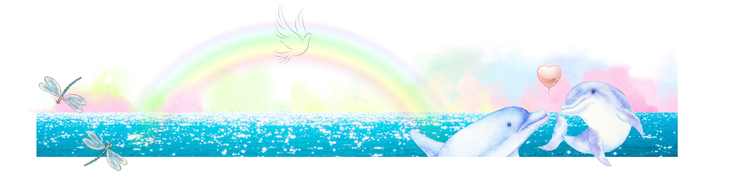 Two dolphins dance in sparkling blue water with dragonflies and a dove near a bright arching rainbow