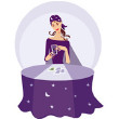 female fortune teller wearing a head scarf and sitting at a purple table reading tarot cards
