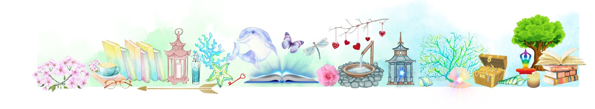 a gentle scene with pastel colours of books and dragonflies, coffee and a lantern hanging from a branch